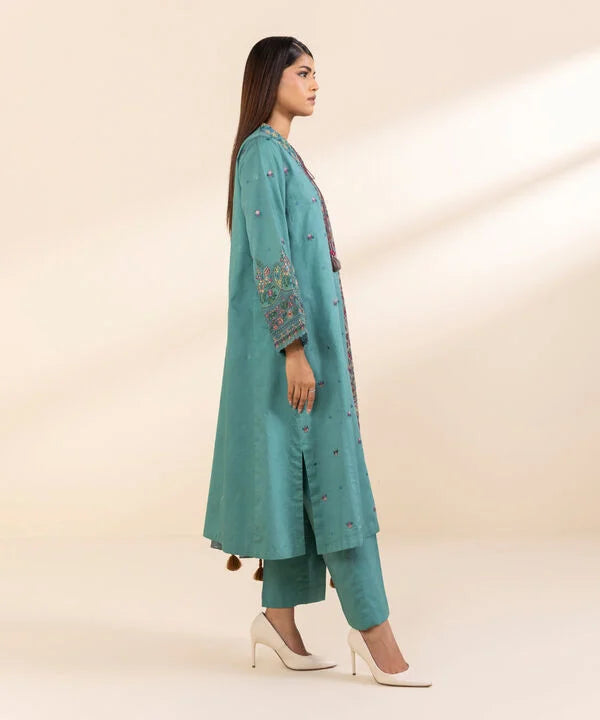 3 Piece - Embroidered Cotton Satin Suit