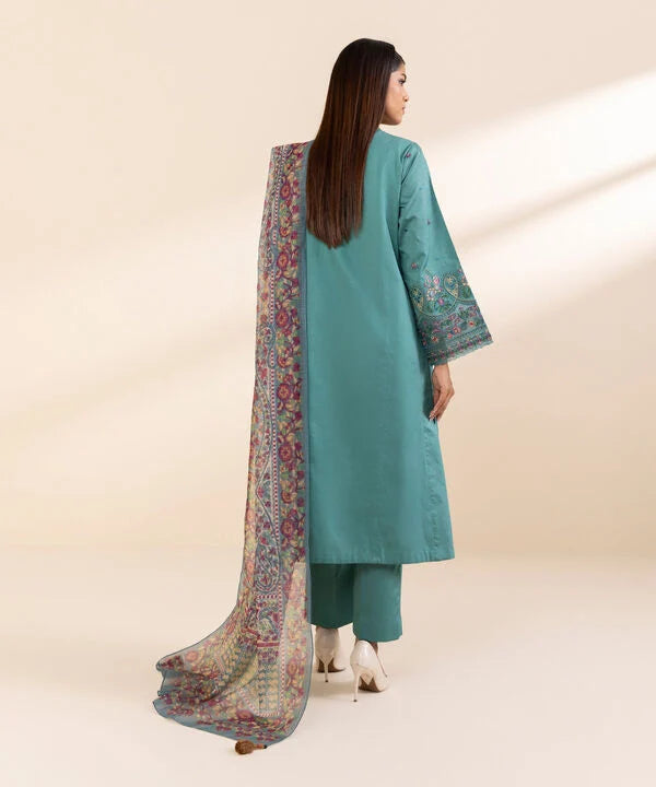 3 Piece - Embroidered Cotton Satin Suit