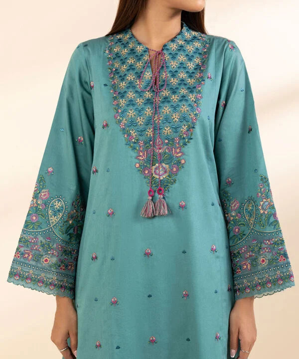 3 Piece - Embroidered Cotton Satin Suit