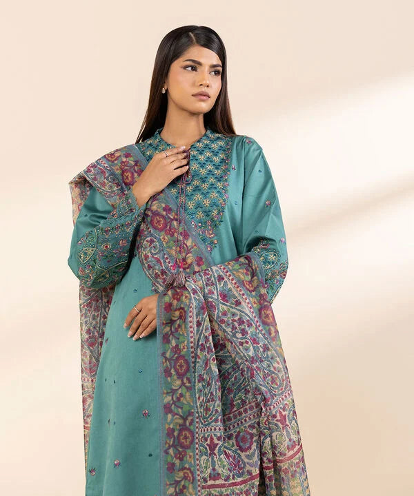 3 Piece - Embroidered Cotton Satin Suit