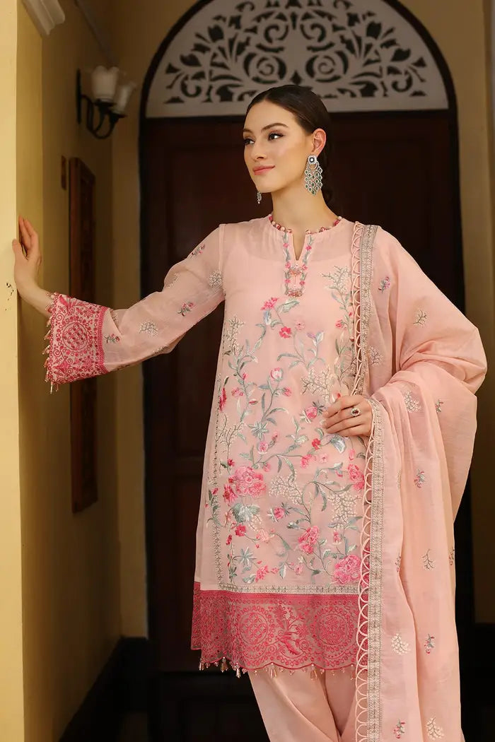 3 Piece Embroidered Paper Cotton Unstitched Suit with Embroidered Paper Cotton Dupatta and Inner LE-42015