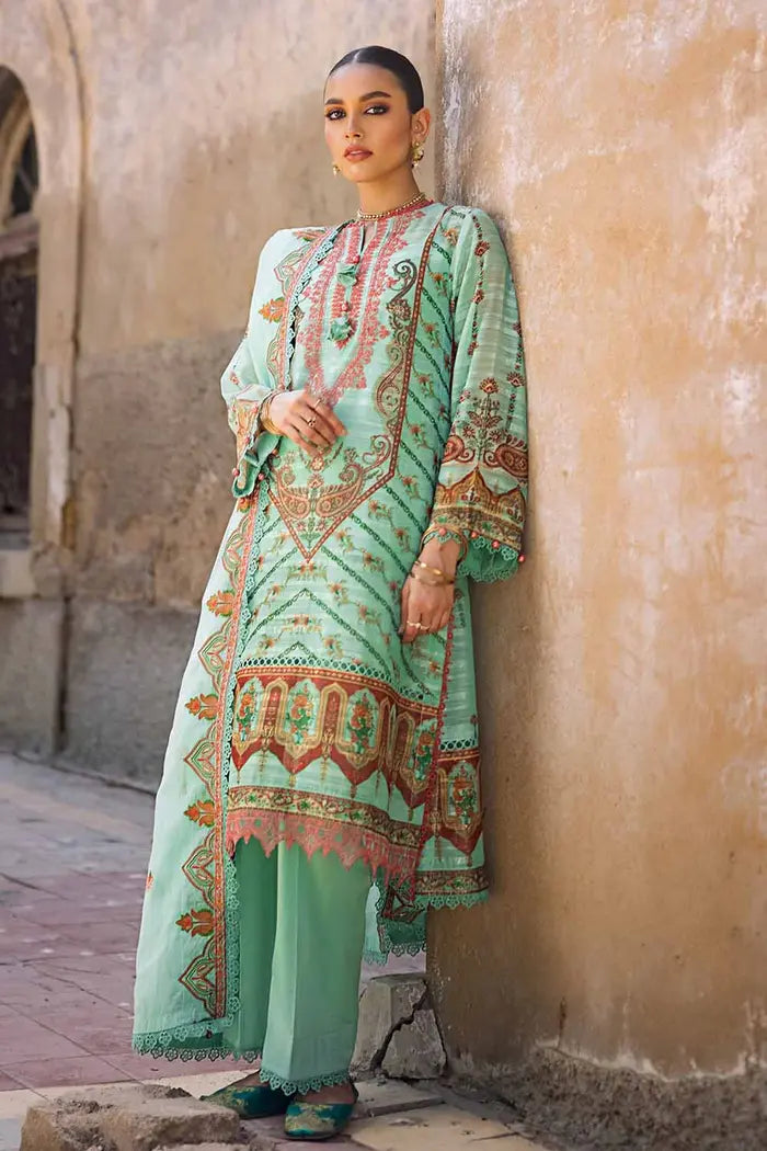 3 Piece Embroidered Digital Printed Paper Cotton Sequins Unstitched Suit with Embroidered Stripe Cotton Silk Dupatta FE-32028